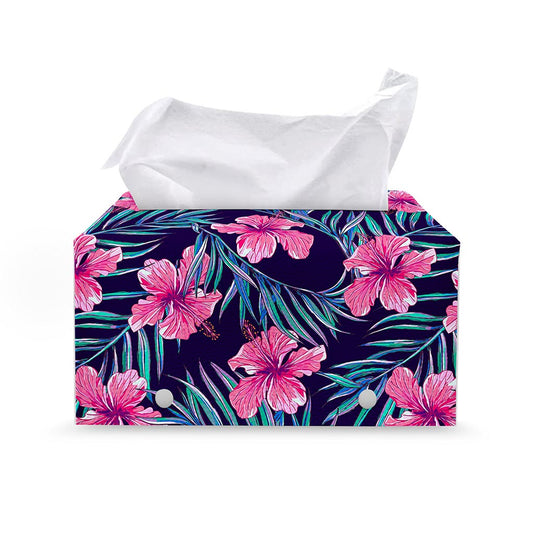Teal Tropical Hibiscus Pattern Print Leather Tissue Box Cover