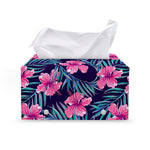 Teal Tropical Hibiscus Pattern Print Leather Tissue Box Cover