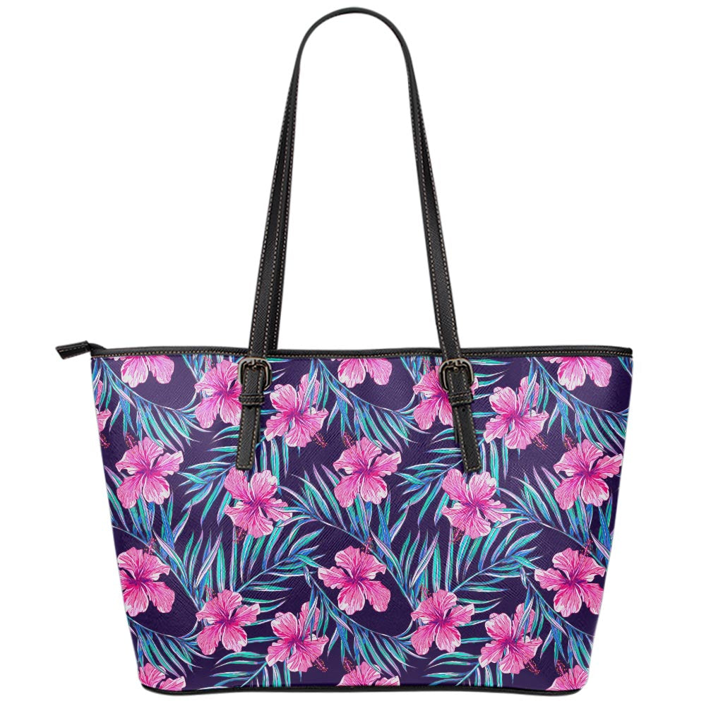 Teal Tropical Hibiscus Pattern Print Leather Tote Bag
