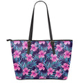 Teal Tropical Hibiscus Pattern Print Leather Tote Bag With Zipper