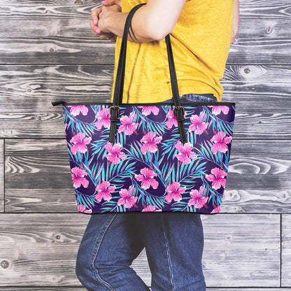 Teal Tropical Hibiscus Pattern Print Leather Tote Bag