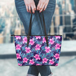 Teal Tropical Hibiscus Pattern Print Leather Tote Bag