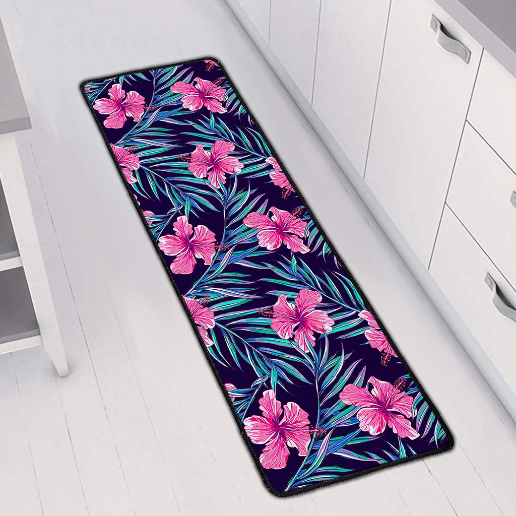 Teal Tropical Hibiscus Pattern Print Long Kitchen Mat