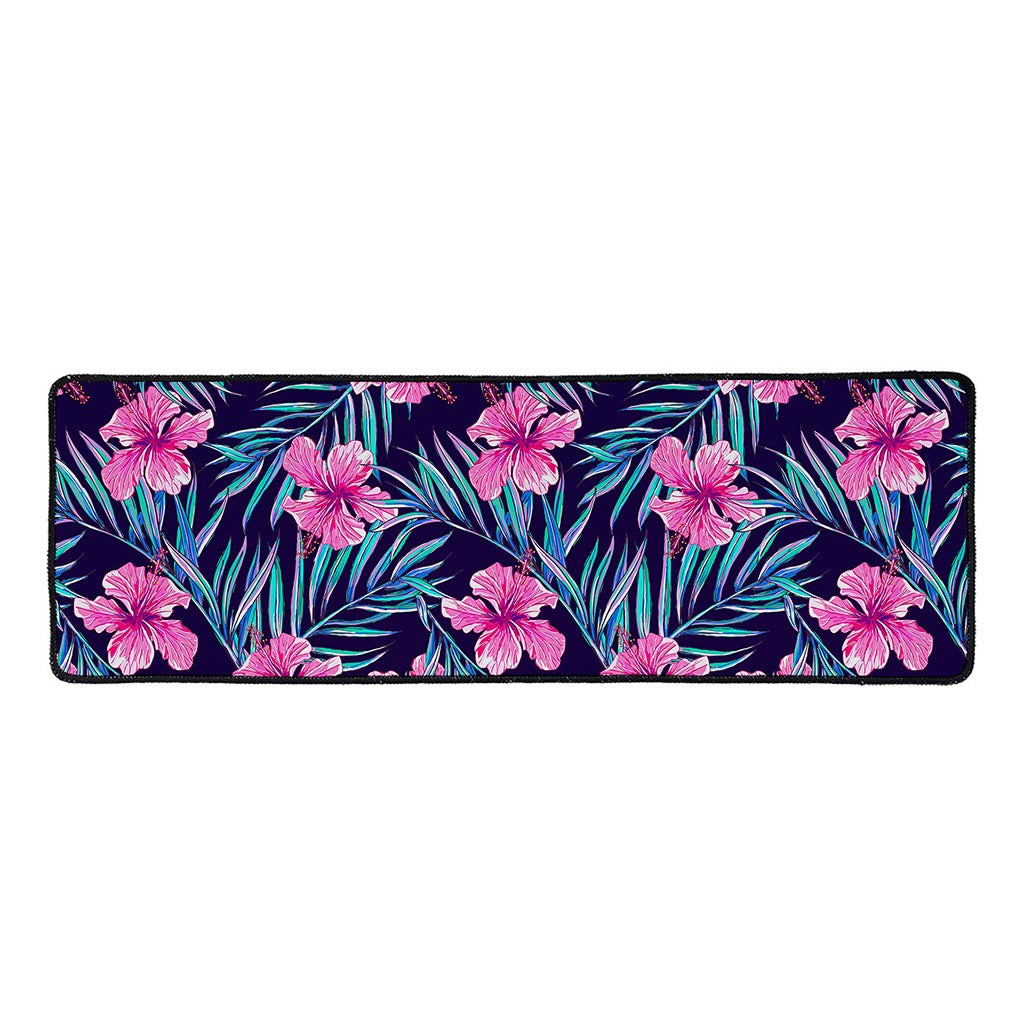 Teal Tropical Hibiscus Pattern Print Long Kitchen Mat