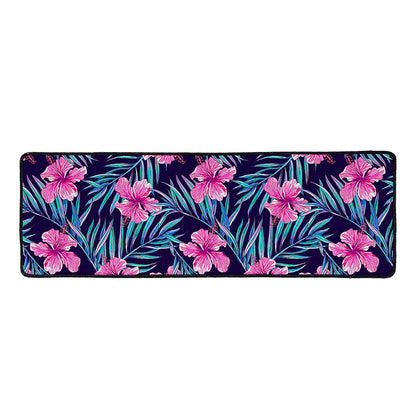 Teal Tropical Hibiscus Pattern Print Long Kitchen Mat