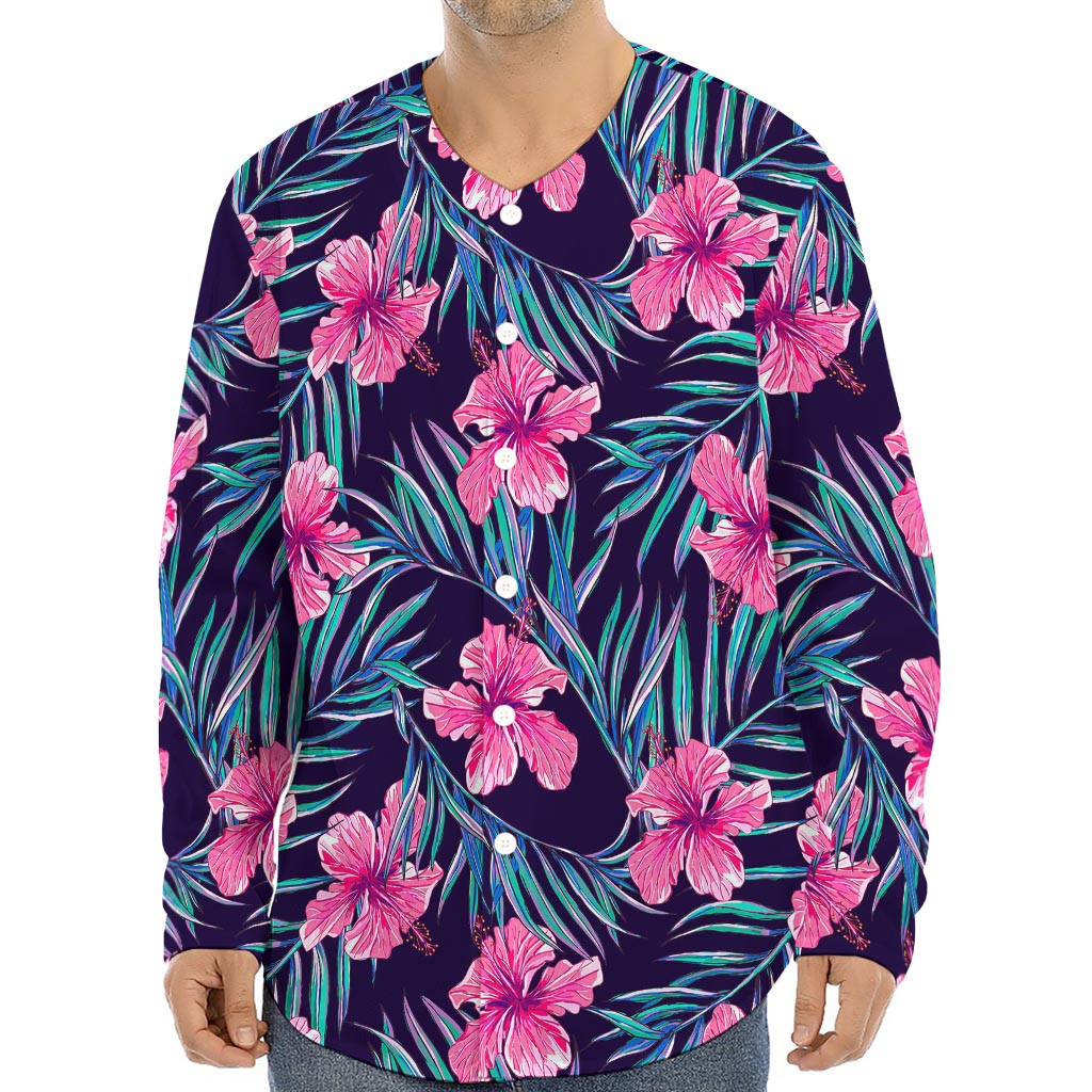 Teal Tropical Hibiscus Pattern Print Long Sleeve Baseball Jersey