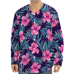 Teal Tropical Hibiscus Pattern Print Long Sleeve Baseball Jersey