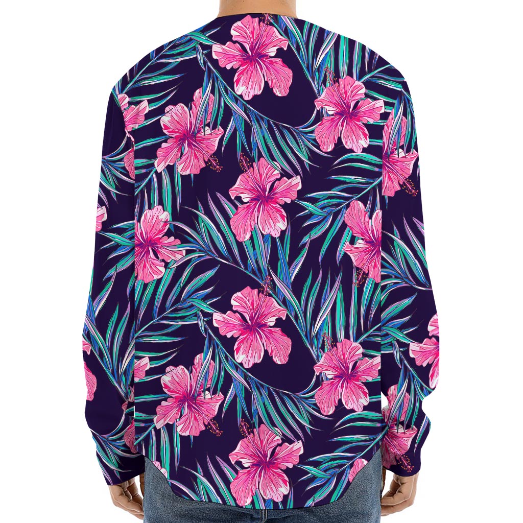 Teal Tropical Hibiscus Pattern Print Long Sleeve Baseball Jersey