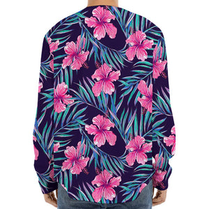 Teal Tropical Hibiscus Pattern Print Long Sleeve Baseball Jersey