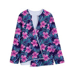 Teal Tropical Hibiscus Pattern Print Long Sleeve Short Coat