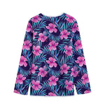 Teal Tropical Hibiscus Pattern Print Long Sleeve Short Coat