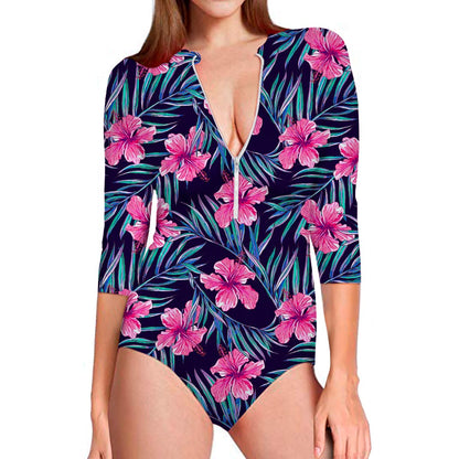 Teal Tropical Hibiscus Pattern Print Long Sleeve Swimsuit