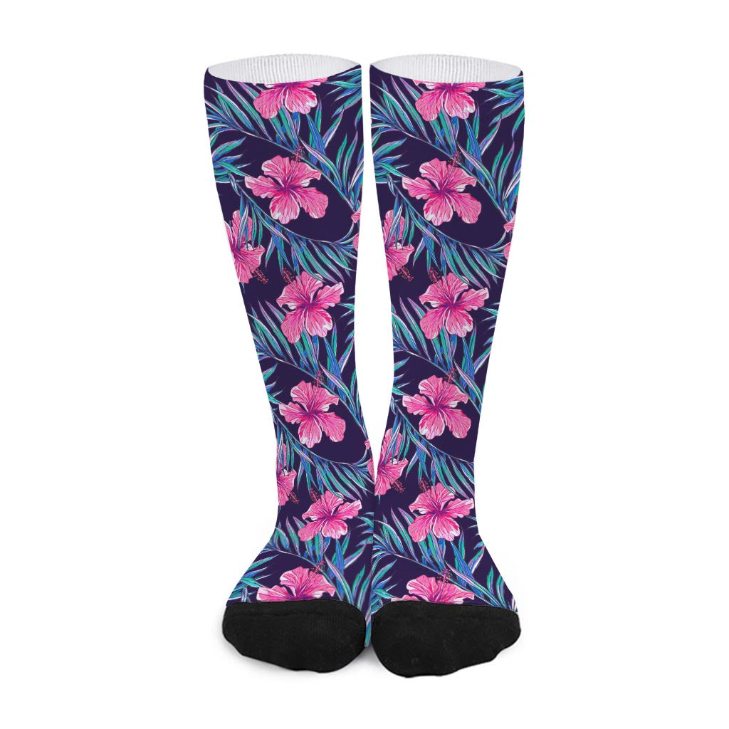 Teal Tropical Hibiscus Pattern Print Long Socks