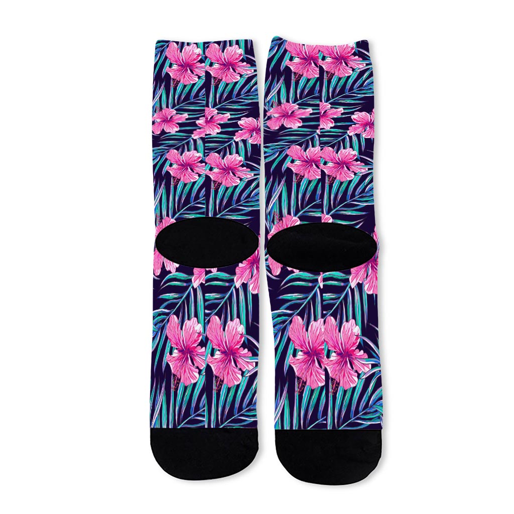 Teal Tropical Hibiscus Pattern Print Long Socks
