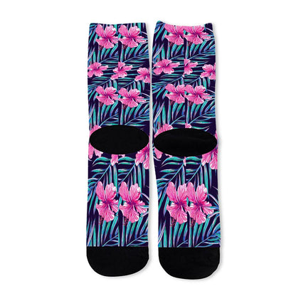 Teal Tropical Hibiscus Pattern Print Long Socks