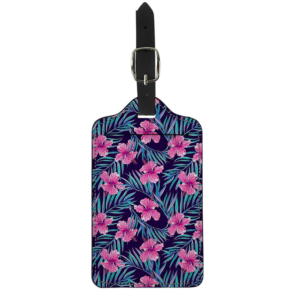 Teal Tropical Hibiscus Pattern Print Luggage Tag