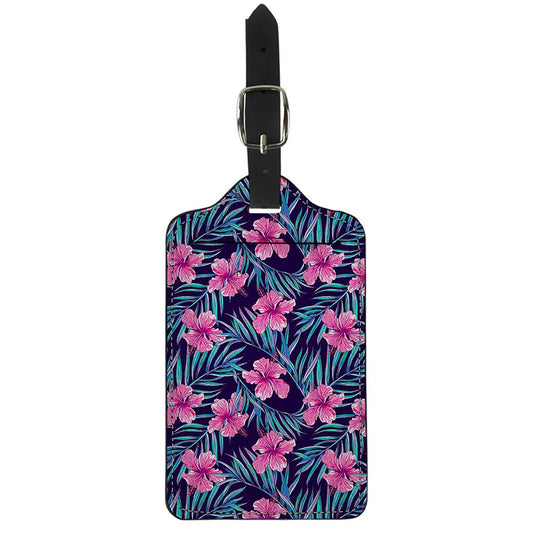 Teal Tropical Hibiscus Pattern Print Luggage Tag