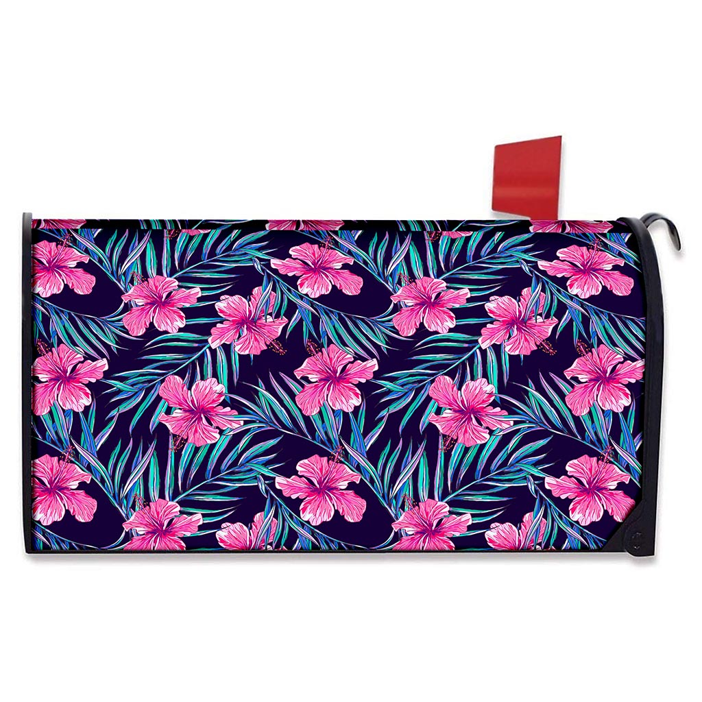 Teal Tropical Hibiscus Pattern Print Mailbox Cover