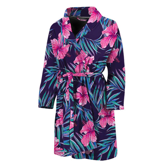 Teal Tropical Hibiscus Pattern Print Men's Bathrobe