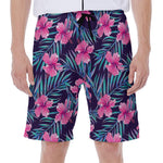 Teal Tropical Hibiscus Pattern Print Men's Beach Shorts