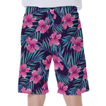 Teal Tropical Hibiscus Pattern Print Men's Beach Shorts