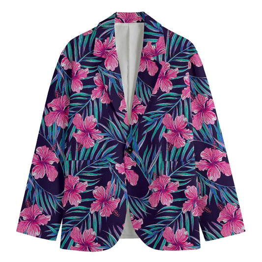 Teal Tropical Hibiscus Pattern Print Men's Blazer
