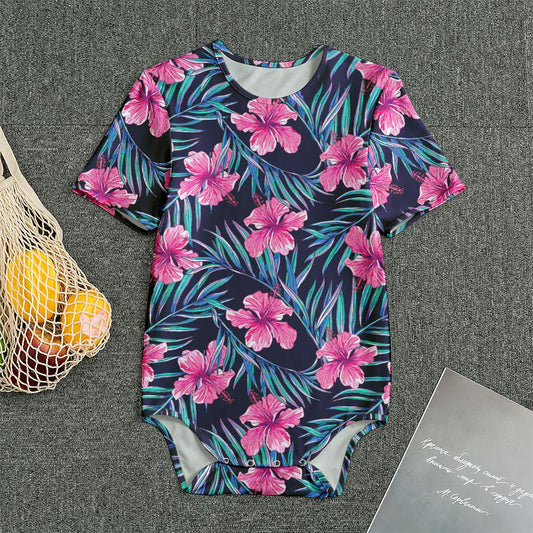 Teal Tropical Hibiscus Pattern Print Men's Bodysuit