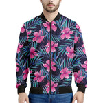 Teal Tropical Hibiscus Pattern Print Men's Bomber Jacket