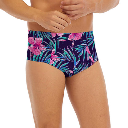 Teal Tropical Hibiscus Pattern Print Men's Briefs