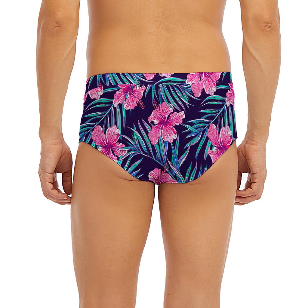 Teal Tropical Hibiscus Pattern Print Men's Briefs
