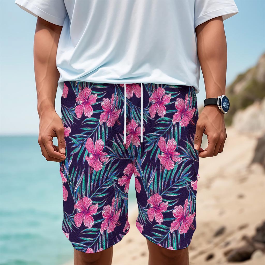 Teal Tropical Hibiscus Pattern Print Men's Cargo Shorts