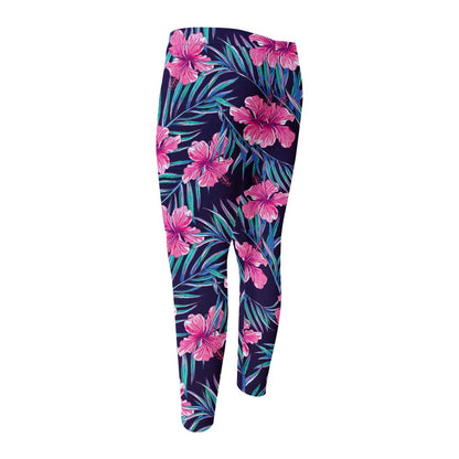 Teal Tropical Hibiscus Pattern Print Men's Compression Pants