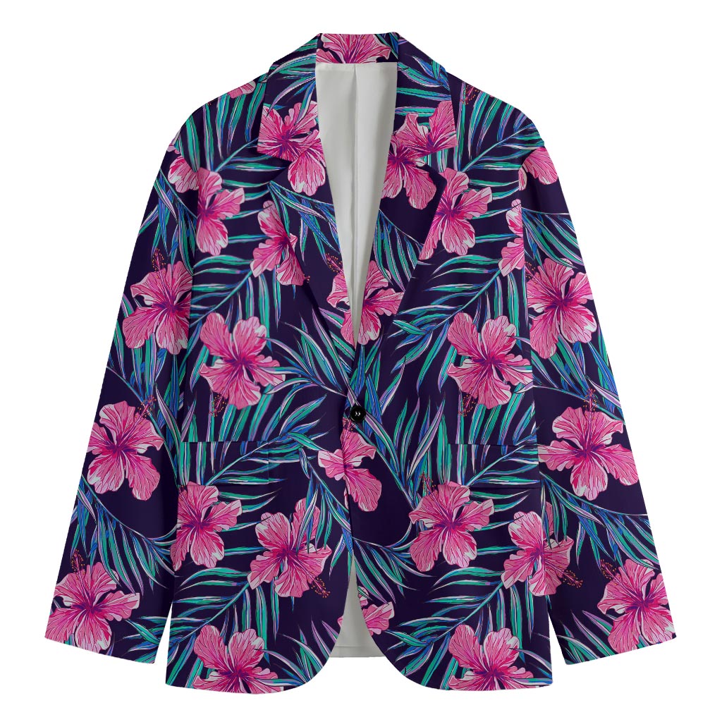 Teal Tropical Hibiscus Pattern Print Men's Cotton Blazer