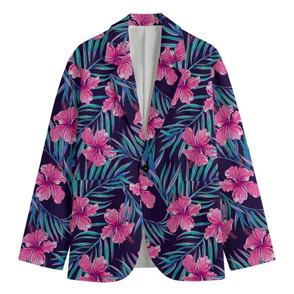 Teal Tropical Hibiscus Pattern Print Men's Cotton Blazer