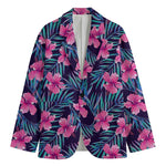 Teal Tropical Hibiscus Pattern Print Men's Cotton Blazer