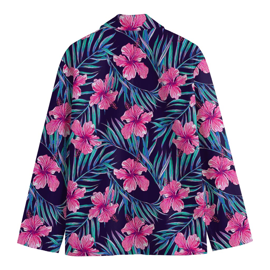 Teal Tropical Hibiscus Pattern Print Men's Cotton Blazer
