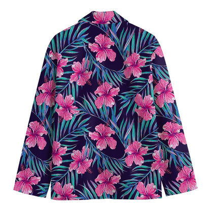 Teal Tropical Hibiscus Pattern Print Men's Cotton Blazer