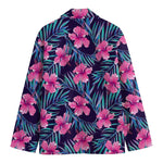 Teal Tropical Hibiscus Pattern Print Men's Cotton Blazer