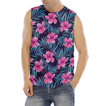 Teal Tropical Hibiscus Pattern Print Men's Fitness Tank Top
