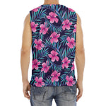 Teal Tropical Hibiscus Pattern Print Men's Fitness Tank Top
