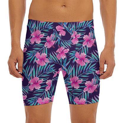 Teal Tropical Hibiscus Pattern Print Men's Long Boxer Briefs