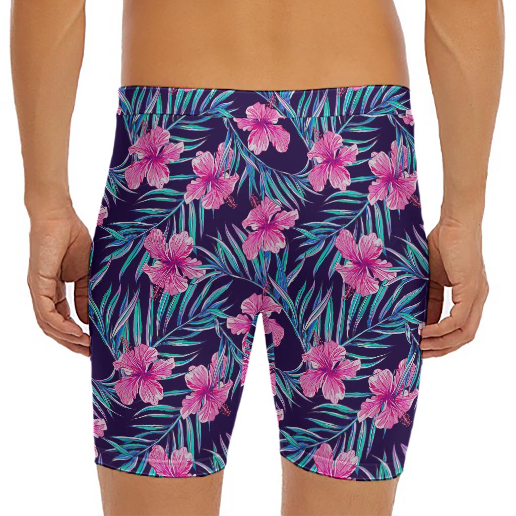 Teal Tropical Hibiscus Pattern Print Men's Long Boxer Briefs