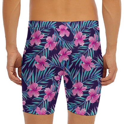 Teal Tropical Hibiscus Pattern Print Men's Long Boxer Briefs