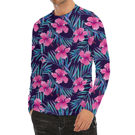 Teal Tropical Hibiscus Pattern Print Men's Long Sleeve Rash Guard