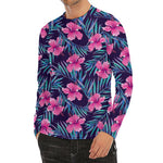 Teal Tropical Hibiscus Pattern Print Men's Long Sleeve Rash Guard