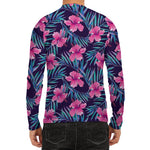 Teal Tropical Hibiscus Pattern Print Men's Long Sleeve Rash Guard