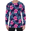 Teal Tropical Hibiscus Pattern Print Men's Long Sleeve T-Shirt