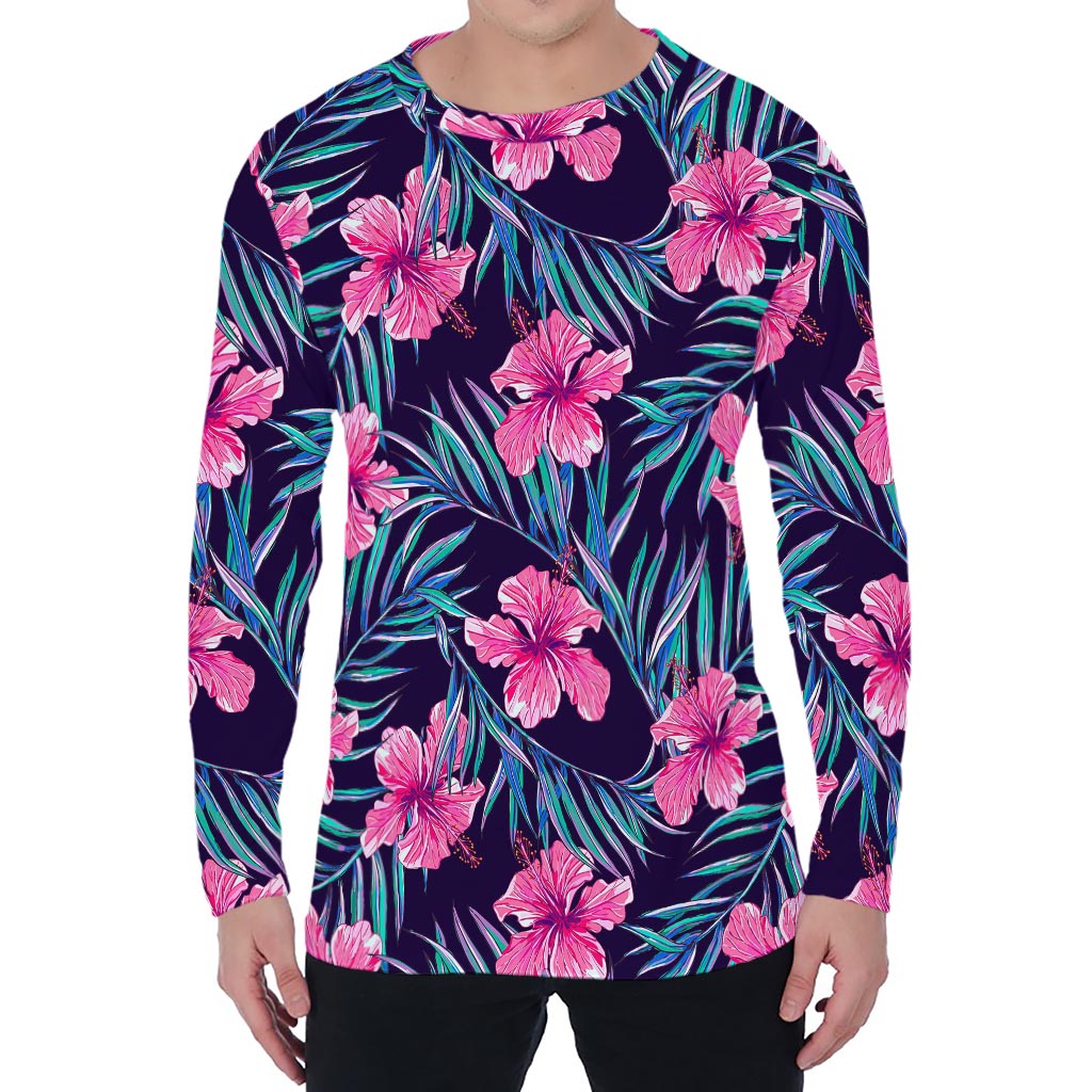 Teal Tropical Hibiscus Pattern Print Men's Long Sleeve T-Shirt