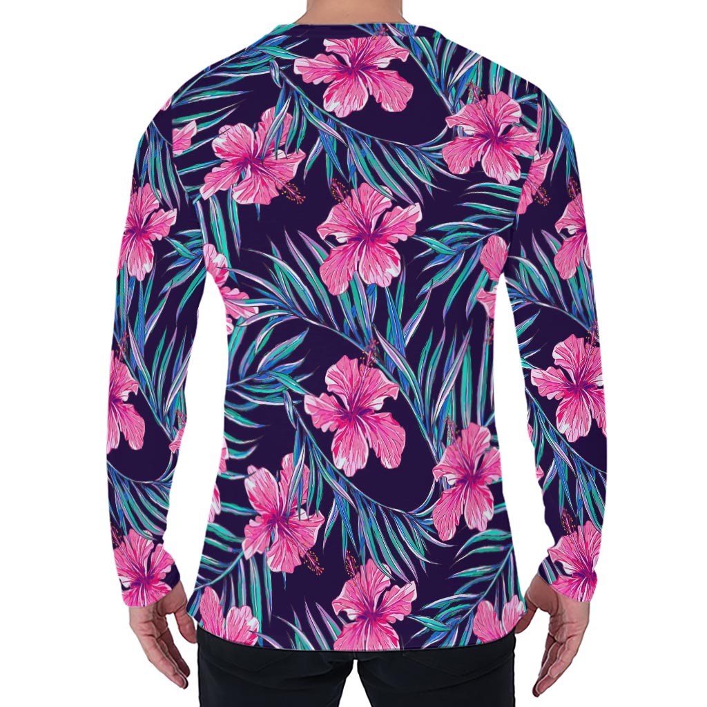 Teal Tropical Hibiscus Pattern Print Men's Long Sleeve T-Shirt