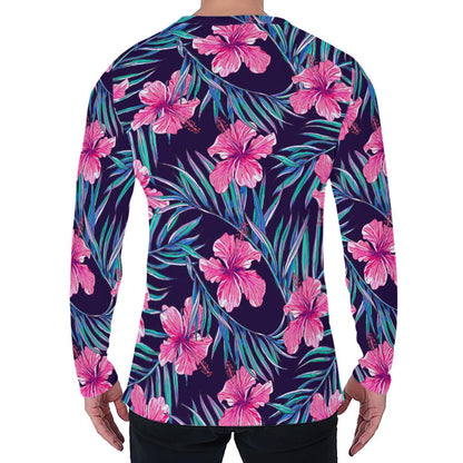 Teal Tropical Hibiscus Pattern Print Men's Long Sleeve T-Shirt